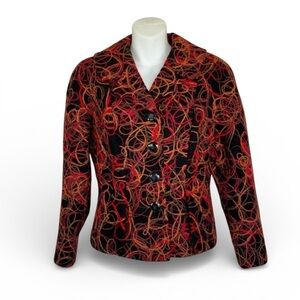 Simon Chang jacket women 8 black wool, orange/red felting, buttons, pockets euc
